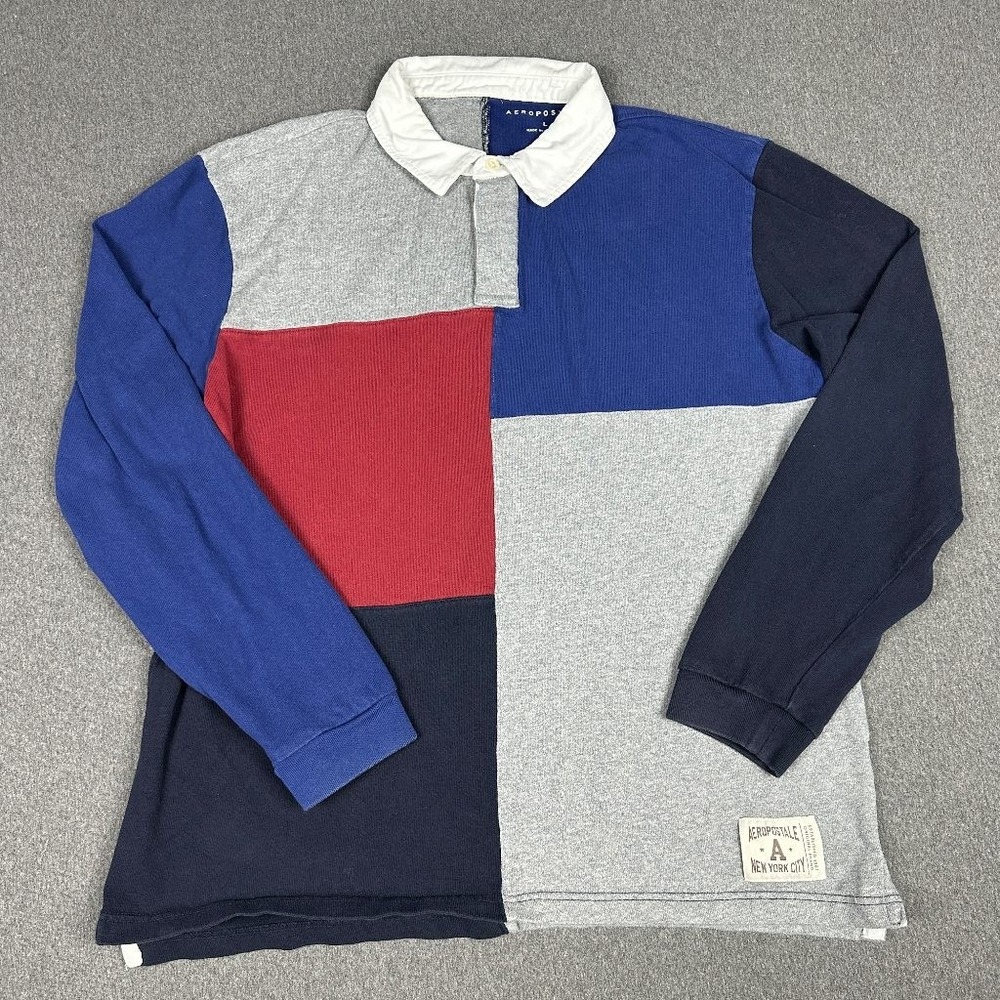 Aeropostale Mens L Colorblock Rugby Polo Shirt Long Sleeve Red Blue Gray Preppy